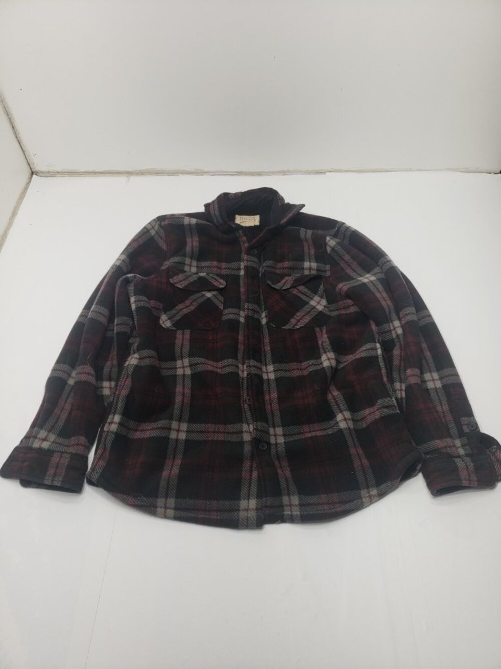 Boston Traders Jacket Men's L Plaid Button Up Sherpa Lined Flannel Black Maroon